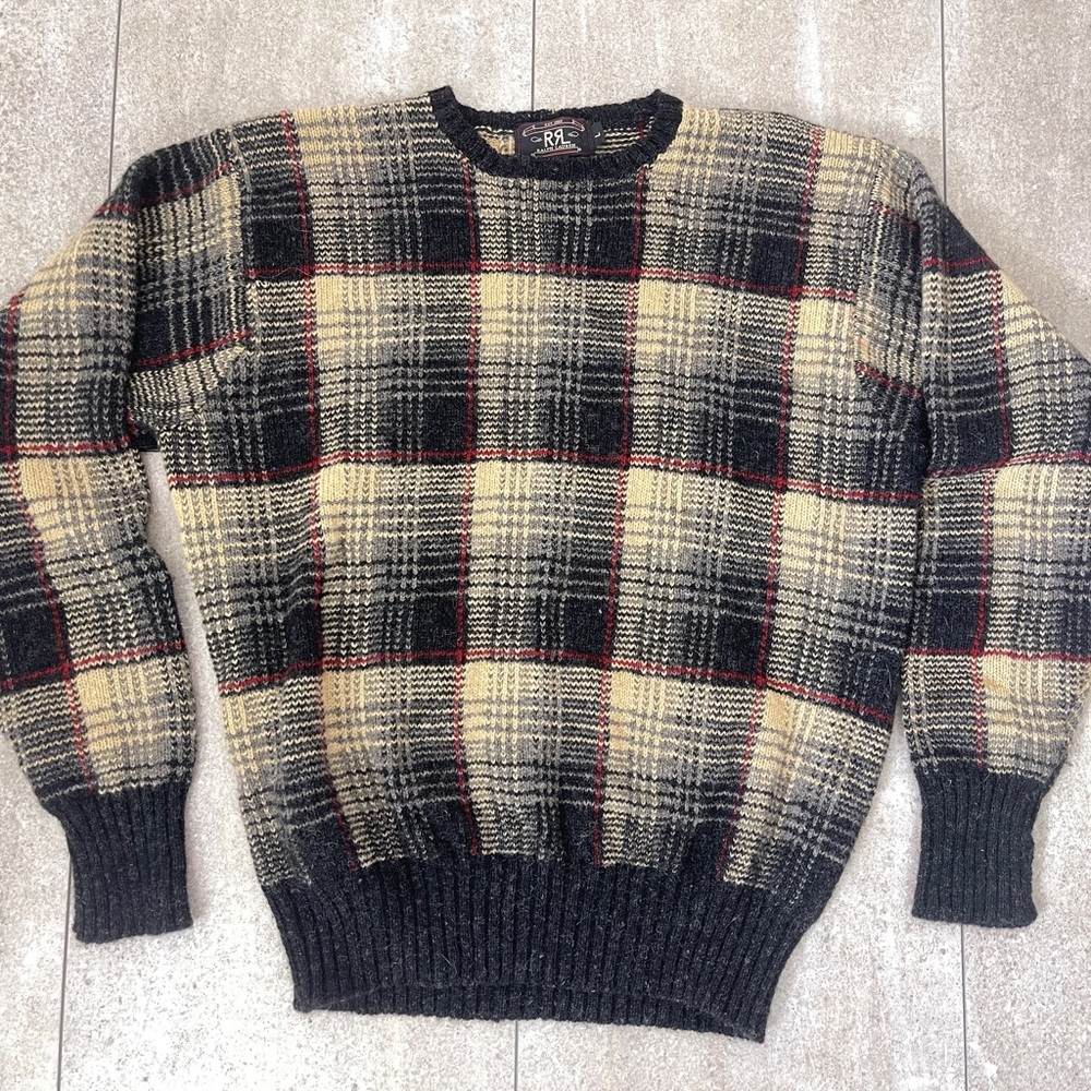 SOLD RRL Ralph Lauren Men's Plaid Crewneck Wool Sweater - Black, Cream, Red